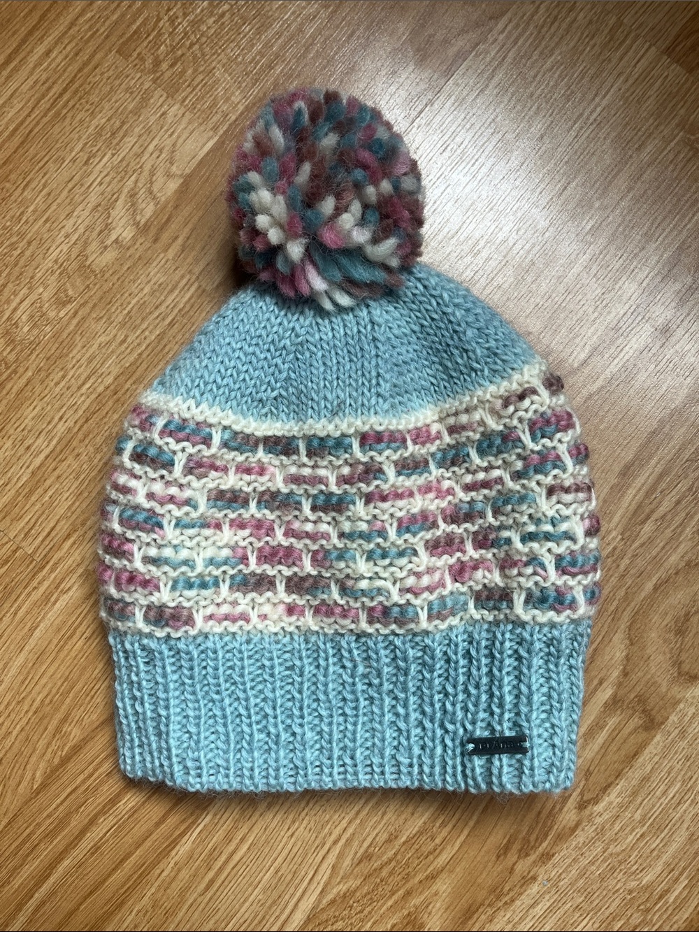 Prana Light Blue Knit Pom Beanie with Cream, Pink and Teal Accents